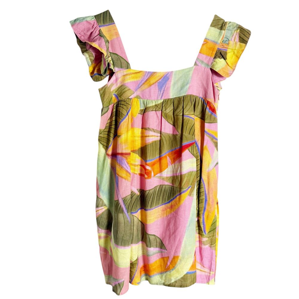 Kourt Pink Green Tropical Print Square Neck Ruffled Linen Mini Dress Size XS